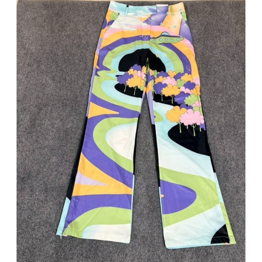 NWT House Of Sunny Nice To Meet You Psychedelic UFO Print Flare Pants‎ US 6